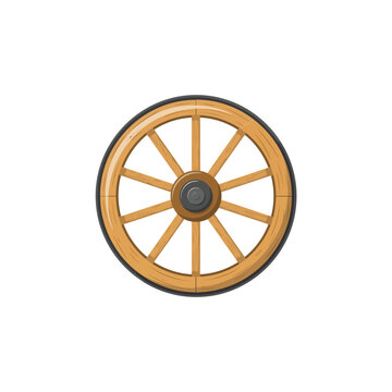 Classic wooden wagon wheel with black rim and central hub isolated on white background, rustic carriage wheel, for historical projects