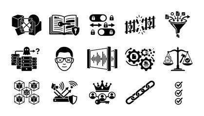 Fototapeta premium Cybersecurity and data protection icon set, 15 black solid vector symbols for network safety, information privacy and encryption technology