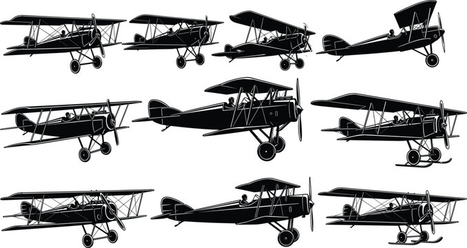 Black and white of vintage biplanes and airplanes aircraft