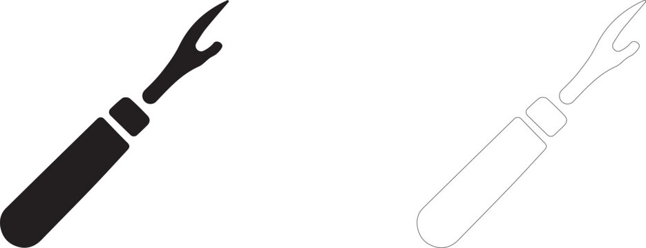 Seam ripper icon, thread remover tool symbol, stitch cutter hardware and manual tailoring.