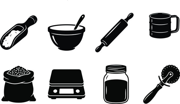Baking and pastry tool icon set featuring rolling pin mixing bowl flour sifter digital scale and scoop
