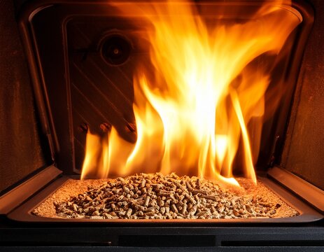 pellet stove burning methane granules with vivid warm flame illustrating residential energy