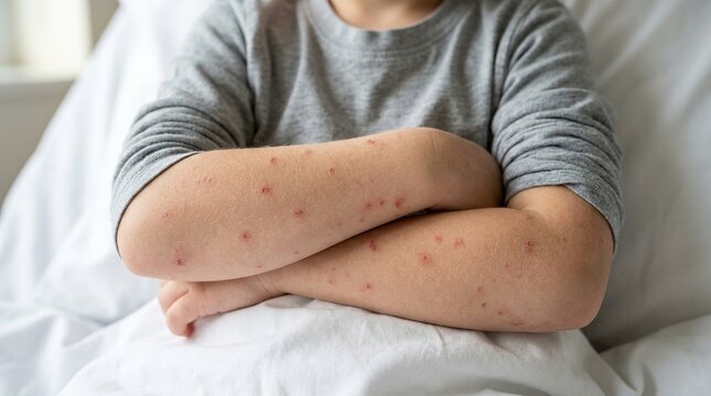 Child suffering from viral skin rash infection with red spots on arms sitting on bed in bedroom during recovery period representing medical dermatology health issue.