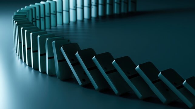 creative close up concept of green dominoes falling in a long curving line showing cause and effect reaction sequence dramatic studio lighting business strategy and financial risk metaphor background