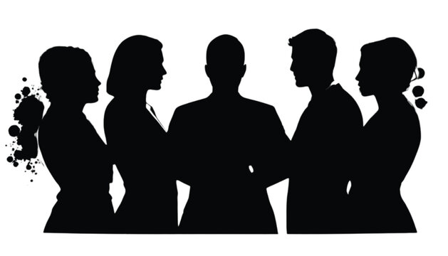 Group of professionals stands together in a unified silhouette to represent corporate teamwork and collaboration within a modern business organization.