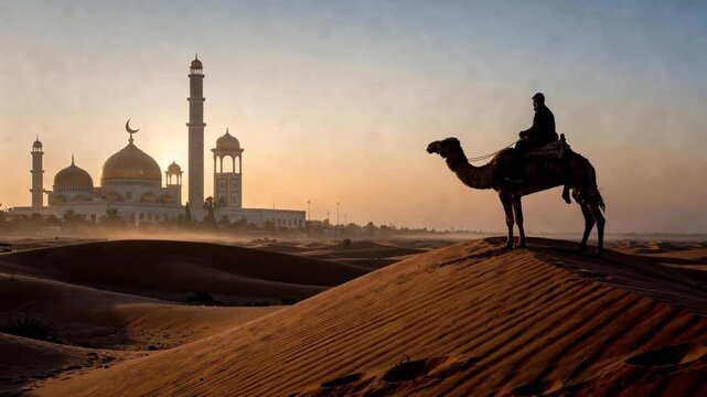 Camel Rider Silhouette on Desert Dune Near Mosque at Golden Sunset