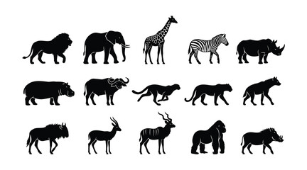Collection of african wildlife silhouettes including lion elephant giraffe zebra rhino and more silhouette © Babla