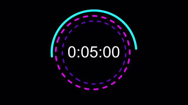 10 second countdown timer sequence with cyan and pink number text glowing from 10 to 0 with interesting circle elements. Circle countdown timer 10 sec on black background 4K UHD