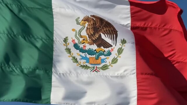 The national flag of mexico waving against a clear blue sky