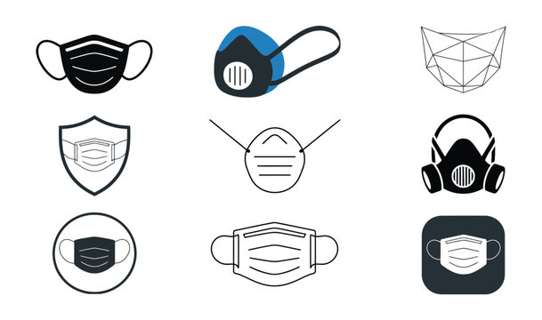 mask vector icon set isolated on white background, face protection medical respirator and safety shield symbols, geometric outline and flat graphic styles, healthcare and hygiene logo illustration col