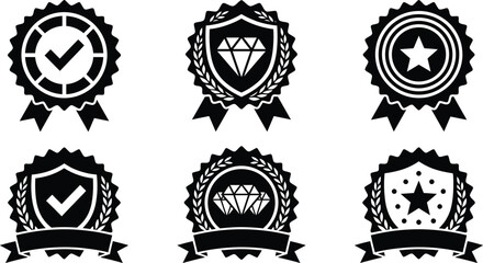Fototapeta premium Collection of black and white award badges and seals with checkmarks and stars
