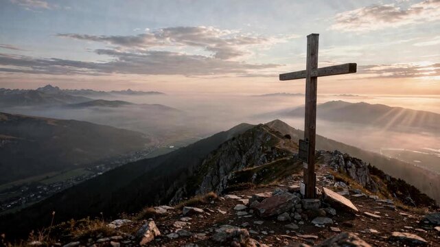Wooden Cross on Mountain Ridge Over Misty Valley at Sunrise