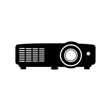 Black silhouette of a digital multimedia projector on white background