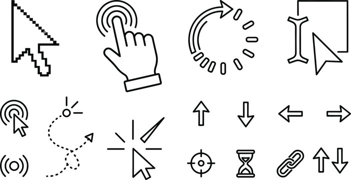 Minimalist computer mouse cursor pointer line icon set featuring pixel arrow clicking hand loading text selection interface vector