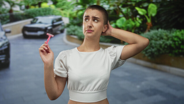 Woman with shaved short hair holding a pink disposable razor, hand to head touching scalp, wearing white crop top on a residential street with parked cars and lush greenery; uncertainty.