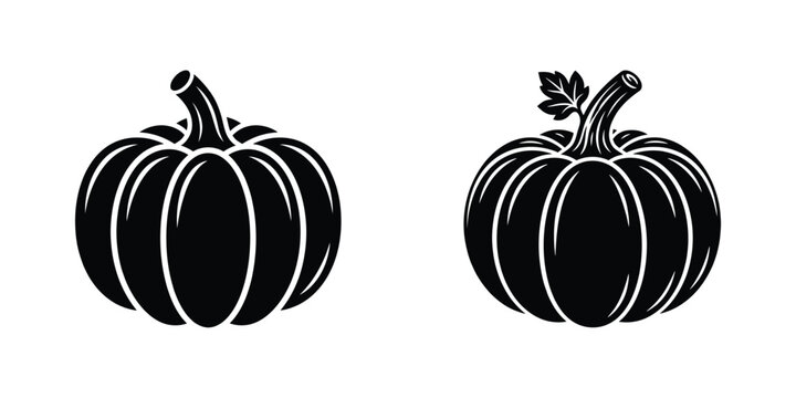 Two black silhouette pumpkins with stems isolated vector illustration