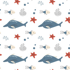 Cute tropical fish and narwhal seamless pattern in doodle style. Hand drawn vector illustration of sea creatures and plants, corals, underwater inhabitants. Kids nursery pattern for textile, clothes. © ZhumaStudio