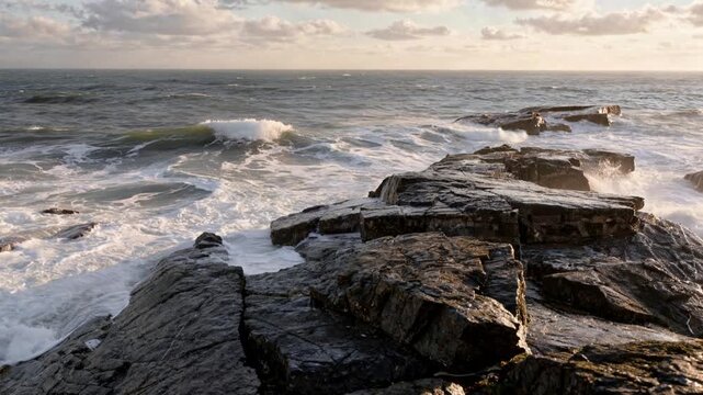 Dramatic Ocean Waves Crashing on Rocky Coast at Sunset