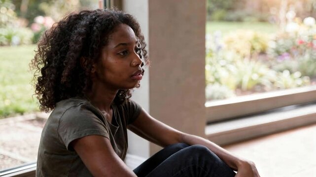 Thoughtful Young Woman Sitting Indoors Beside Window at Home
