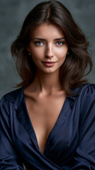 Fototapeta premium confident brunette businesswoman in elegant navy blouse with natural professional style, elegant professional woman with calm confident expression and intelligent eyes