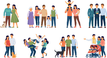 Fototapeta premium Diverse families collection vector illustration set featuring multi-generational relatives parents with children pregnant couples and pets flat cartoon design