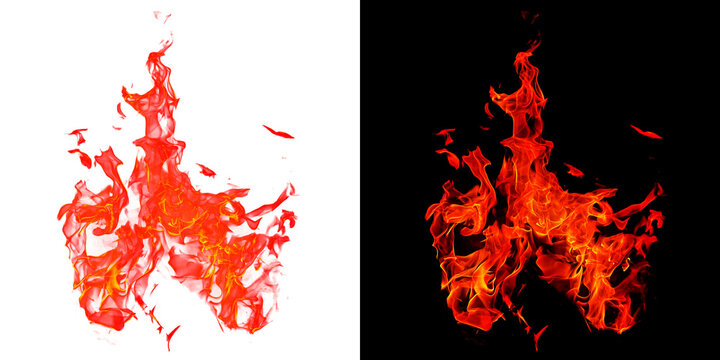 Two identical side-by-side shots of a roaring vertical fire, emitting glowing embers and sparks against a dark backdrop.