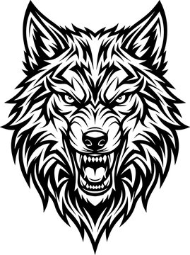 Angry wolf head illustration in black and white
