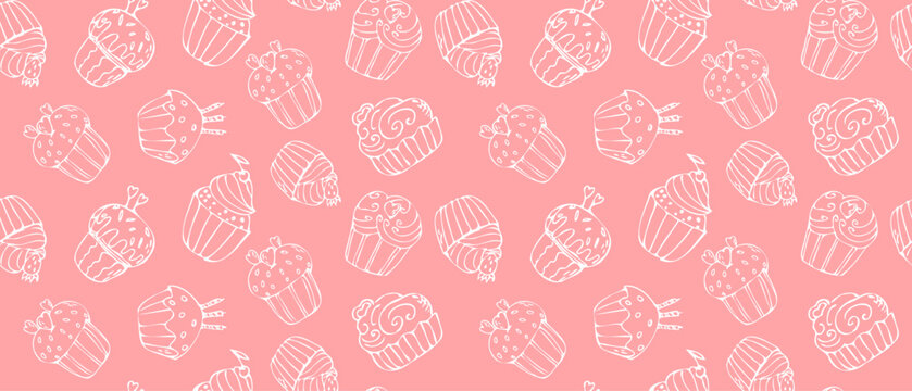 Hand drawn pink cupcake pattern with muffin and strawberry, cookies. Bakery sweet dessert, outline pattern on pink background. Vintage cupcake texture, sweet pastry background. Vector sketch illustrat