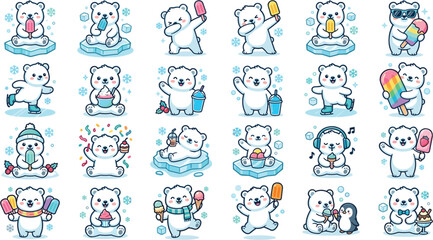 Cute Kawaii Polar Bear Characters Holding Ice Cream Popsicle Cartoon Set Vector Illustration Isolated © Ratna