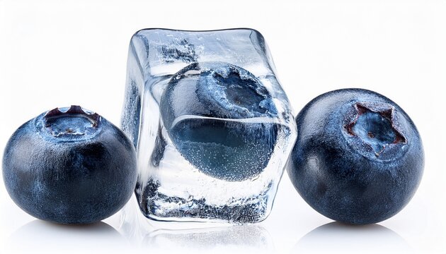 fresh ripe blueberry frozen in ice cube isolated