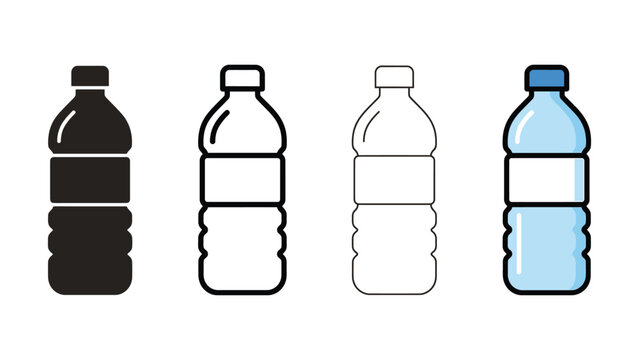 Four different colored plastic water bottles on white background