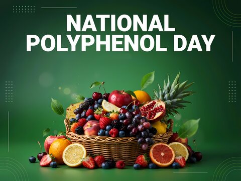 National polyphenol day concept with a basket of fresh fruits rich in antioxidants on a green background