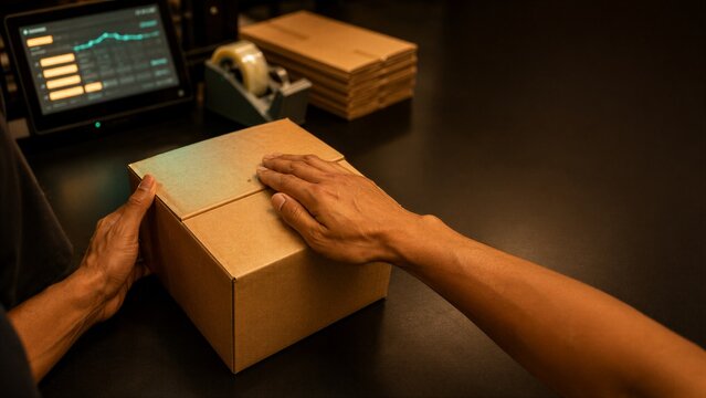 Hands Sealing Kraft Box at E-commerce Packing Station for Logistics Concept