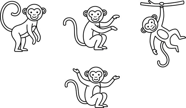 Cute monkey line art vector cartoon collection set with different poses isolated on a transparent background
