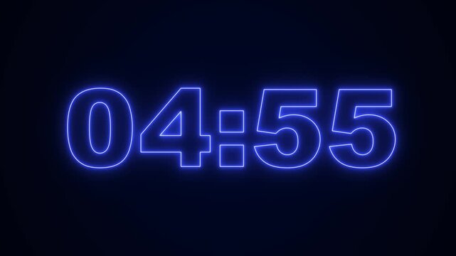 glowing neon 5 minute Countdown timer. neon 5 to 4 minute Countdown timer on black background. 4k video Animated.