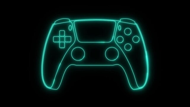 Futuristic glowing game controller icon, with vibrant purple and blue neon lights, symbolizing gaming and digital entertainment.