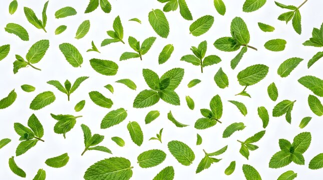 Fresh green mint leaves falling on white background, organic peppermint leaf pattern, aromatic herbal tea ingredients and culinary herbs