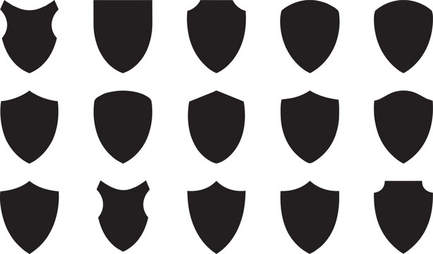 Multiple black shield shapes collection vector graphic design element set isolated on transparent background