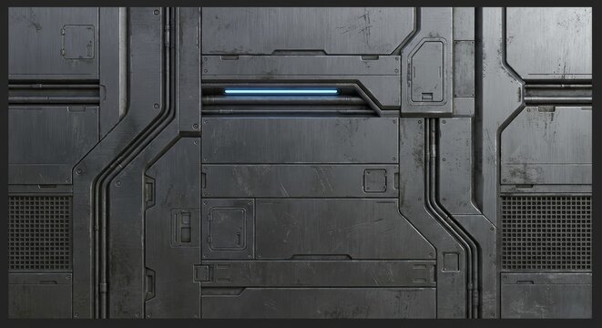 Detailed futuristic sci-fi metal panel texture featuring distressed brushed surfaces, pipes, ventilation grids, and a central glowing blue light. Ideal for tech, gaming, industrial backdrops.