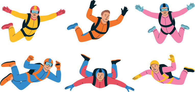 Colorful Cartoon Skydiver Characters Collection in Six Different Poses and Outfits Enjoying Freefall Extreme Sport Adventure Flat Vector Illustration Set