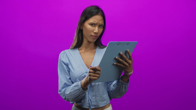 Thai woman holding clipboard and pen in blue blouse gives thumbs down while frowning in studio; disapproval judgment.