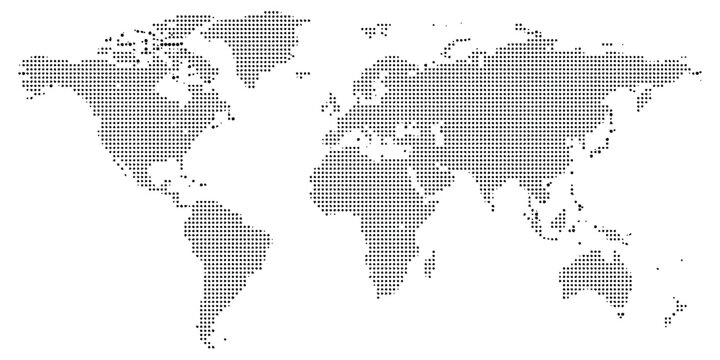 World map globe vector illustration, stylized earth with halftone pixel texture and dotted pattern for global communication and geography design concepts