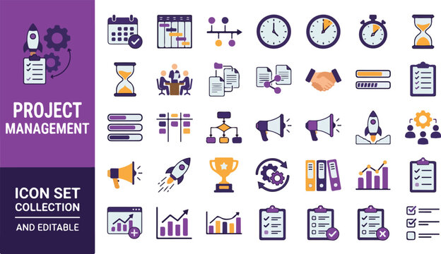 Project management and business productivity flat icon set