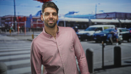 Fototapeta premium Man with beard looks up toward traffic while standing on a street crosswalk near cars and bollards wearing pink shirt; curiosity.