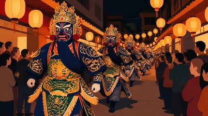 Fototapeta premium Vibrant Beijing Opera Performance in a LanternLit Street Festival Parade, Captivating Crowds with Traditional Costumes and Masks
