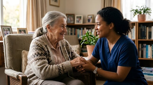 Caring caregiver holding hands with elderly woman, providing comfort and support