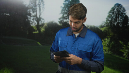 Hispanic man worker with beard in blue overalls looks down and taps a tablet with both hands in park  focused concentration. © Krakenimages.com
