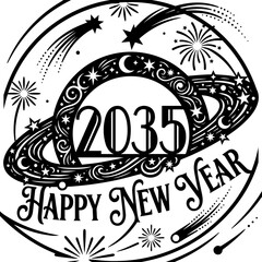 2035 happy new year decorative cosmic graphic with saturn and fireworks © aaa