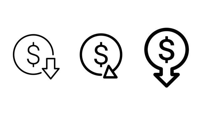 Three simple line icons featuring a dollar sign within a circle, accompanied by downward-pointing arrows, symbolizing financial decrease.