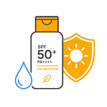 SPF 50+ Sunscreen Bottle with UV Protection Shield and Water Drop Flat Line Icon &ndash; Sun Protection Skincare Vector Illustration